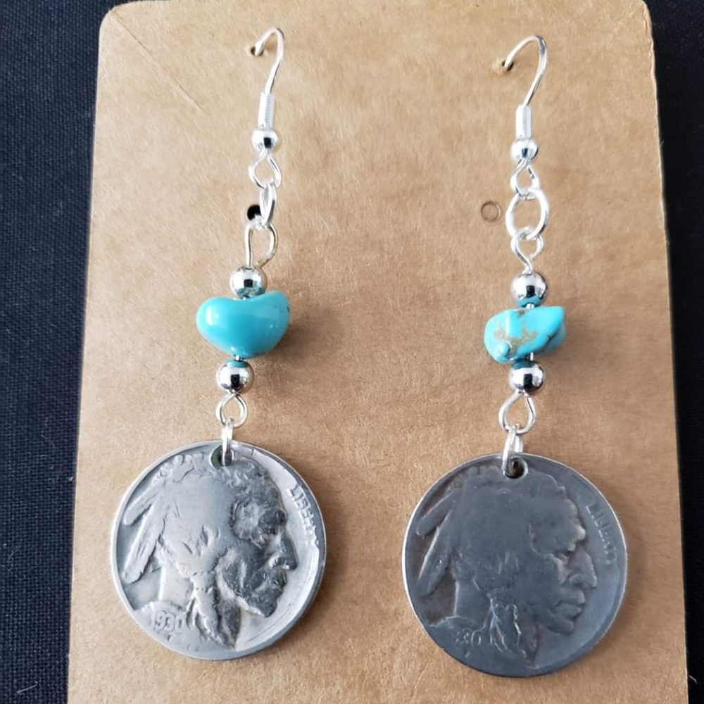 Vintage Genuine Buffalo Indian Head Nickel Turquoise Drop Hood Earrings
